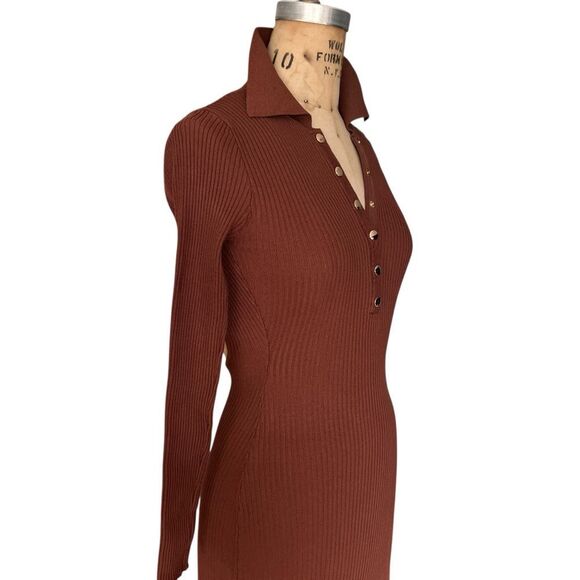 Brown Ribbed Knit Dress with Gold Snap Buttons Size S - Picture 4 of 8